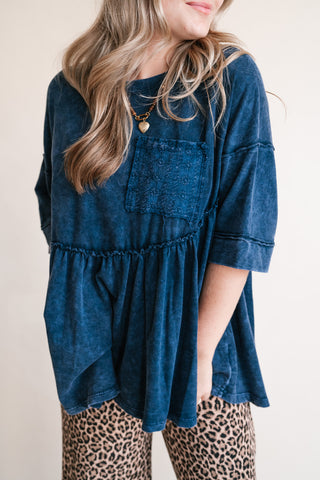 Dainty Eyelet Detailed Babydoll Top - Navy