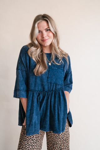 Dainty Eyelet Detailed Babydoll Top - Navy