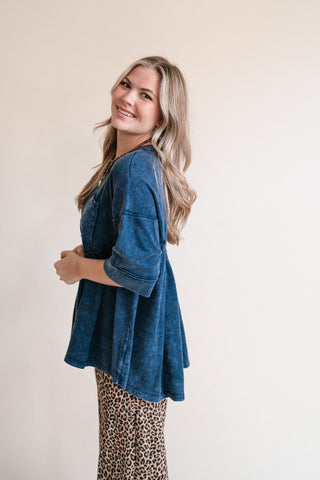 Dainty Eyelet Detailed Babydoll Top - Navy