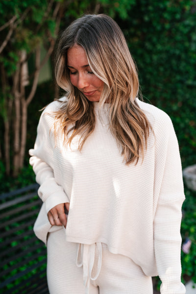 Comfy Girl Era Waffle Knit Sweater - Oatmeal