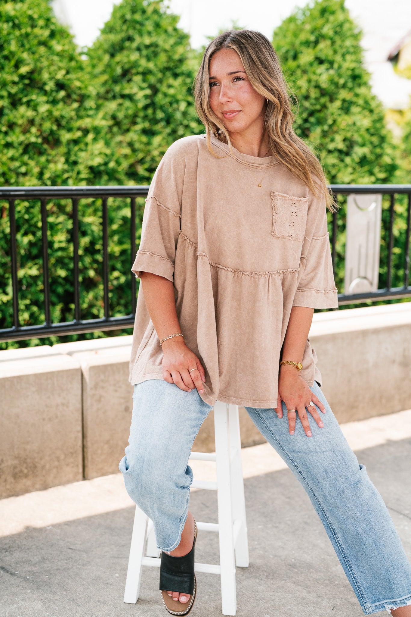 Dainty Eyelet Detailed Babydoll Top - Taupe