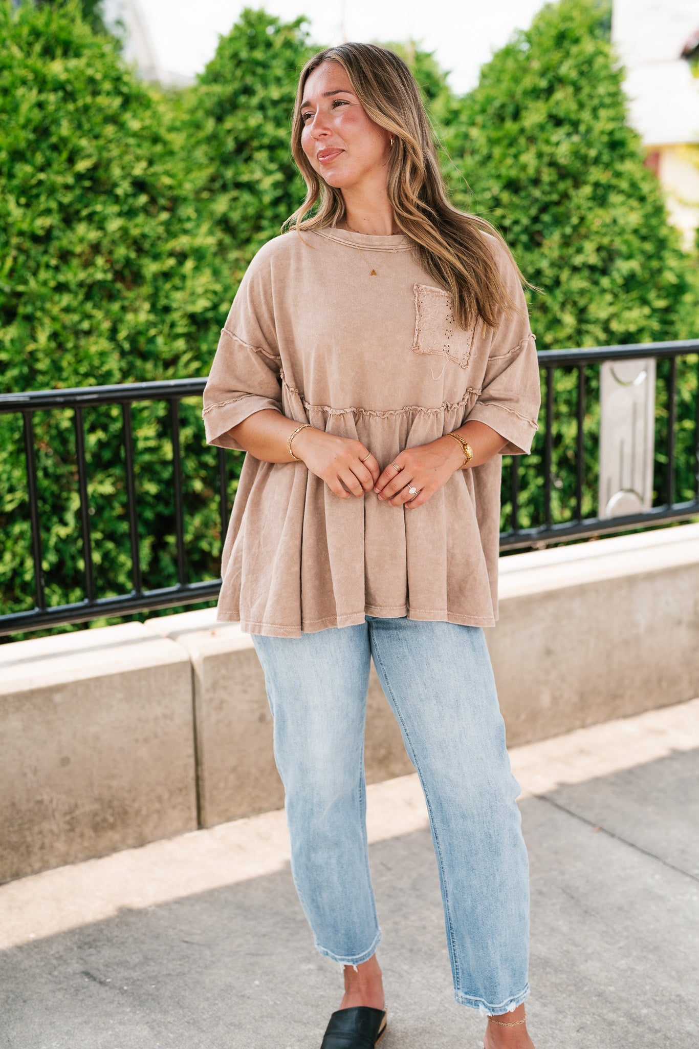 Dainty Eyelet Detailed Babydoll Top - Taupe