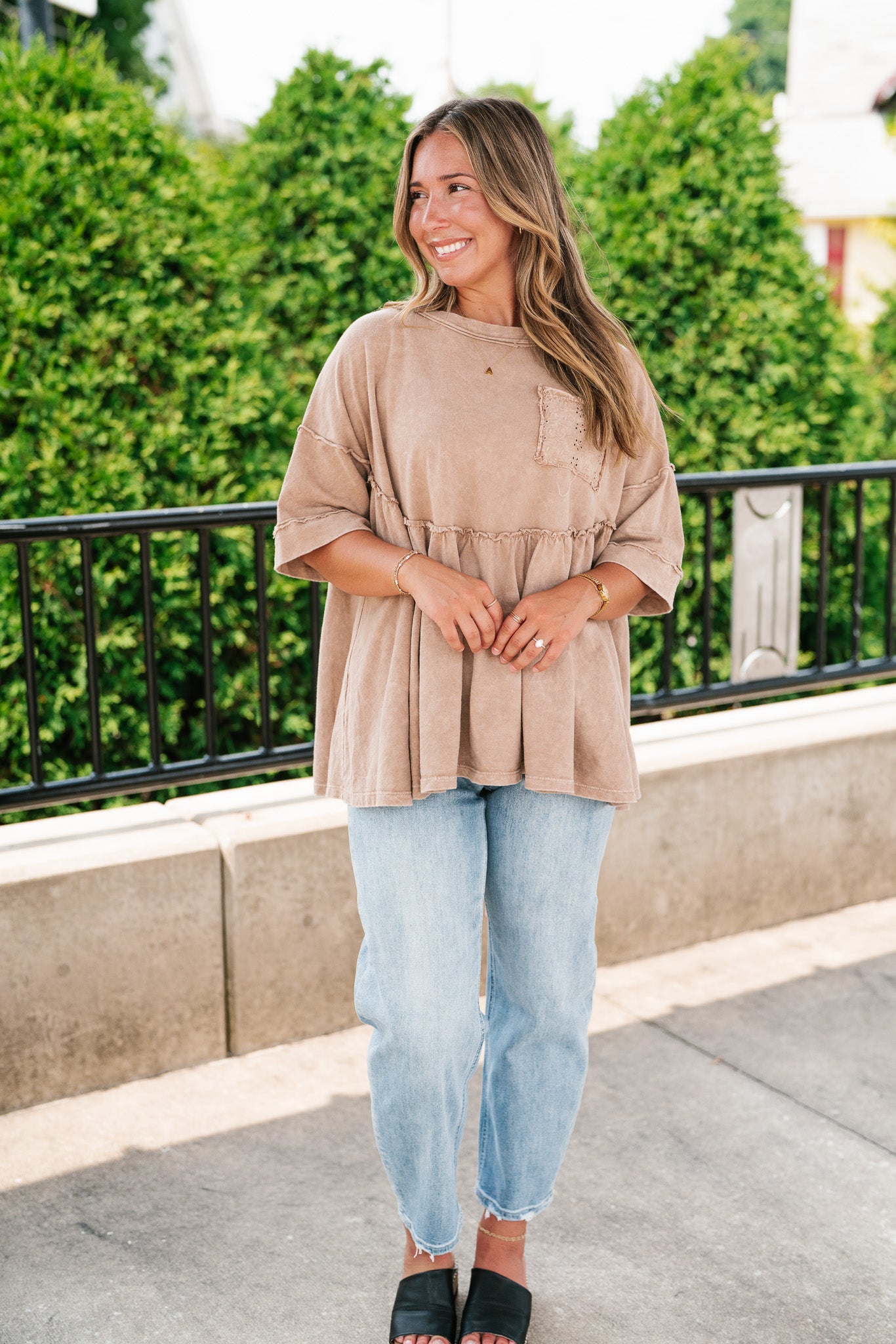 Dainty Eyelet Detailed Babydoll Top - Taupe