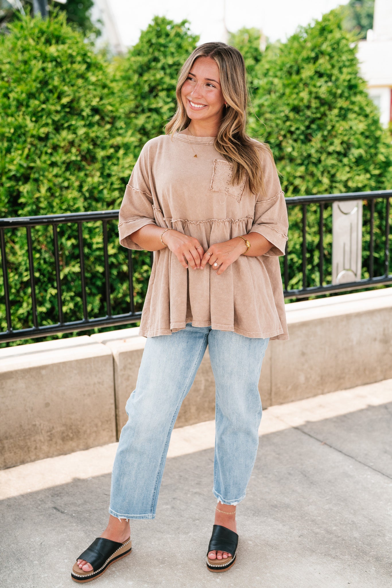 Dainty Eyelet Detailed Babydoll Top - Taupe