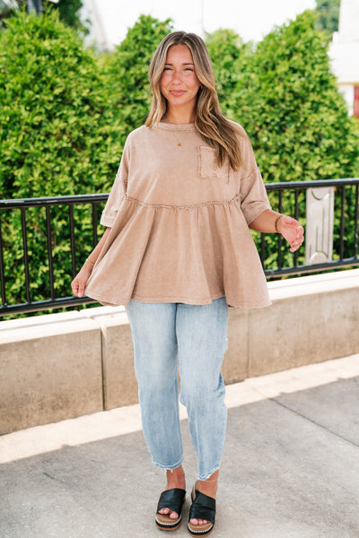Dainty Eyelet Detailed Babydoll Top - Taupe
