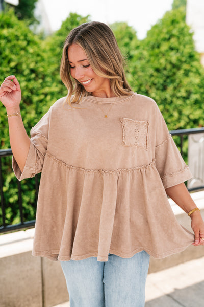 Dainty Eyelet Detailed Babydoll Top - Taupe