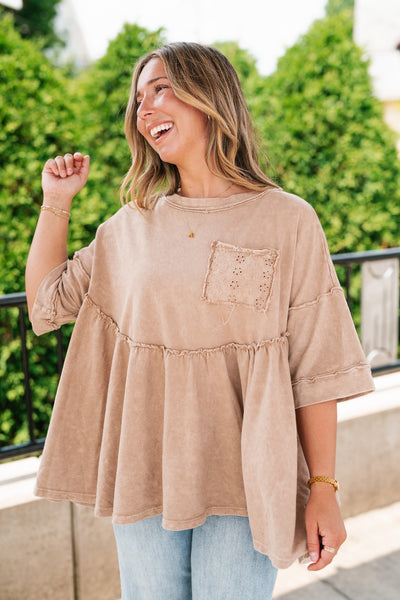 Dainty Eyelet Detailed Babydoll Top - Taupe