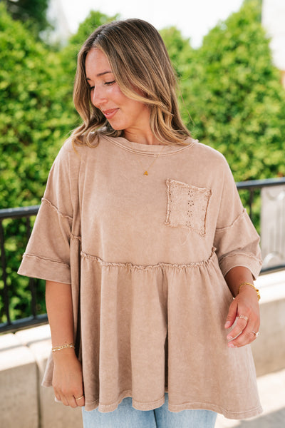 Dainty Eyelet Detailed Babydoll Top - Taupe