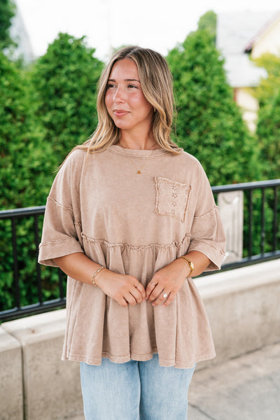 Dainty Eyelet Detailed Babydoll Top - Taupe