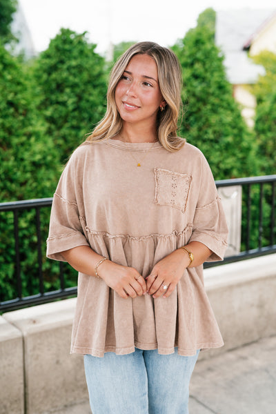 Dainty Eyelet Detailed Babydoll Top - Taupe