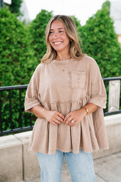 Dainty Eyelet Detailed Babydoll Top - Taupe