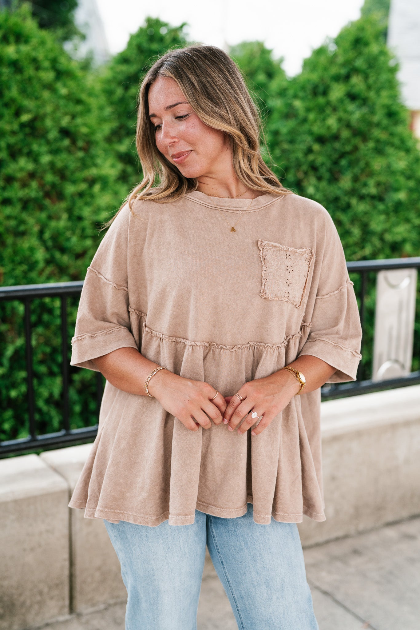 Dainty Eyelet Detailed Babydoll Top - Taupe