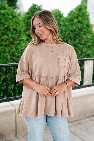 Dainty Eyelet Detailed Babydoll Top - Taupe