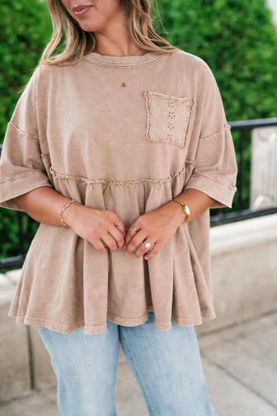 Dainty Eyelet Detailed Babydoll Top - Taupe