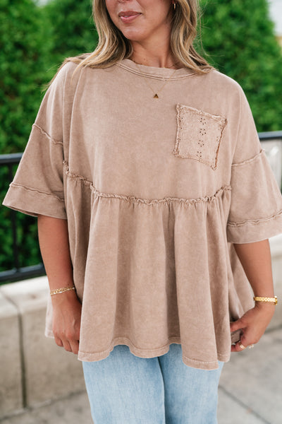 Dainty Eyelet Detailed Babydoll Top - Taupe