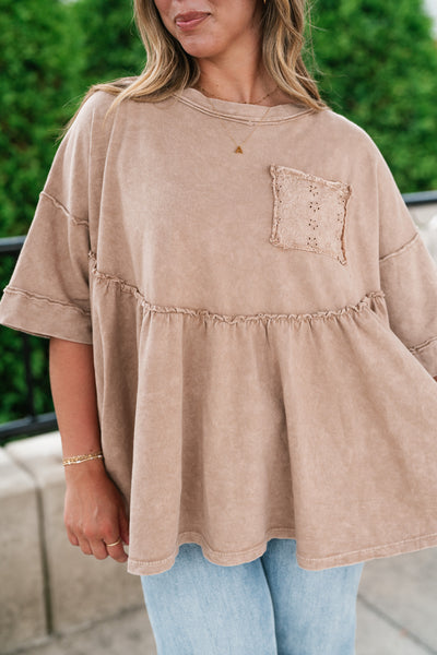 Dainty Eyelet Detailed Babydoll Top - Taupe