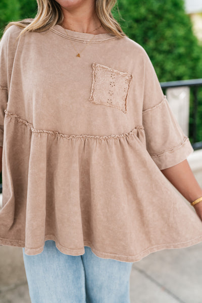 Dainty Eyelet Detailed Babydoll Top - Taupe