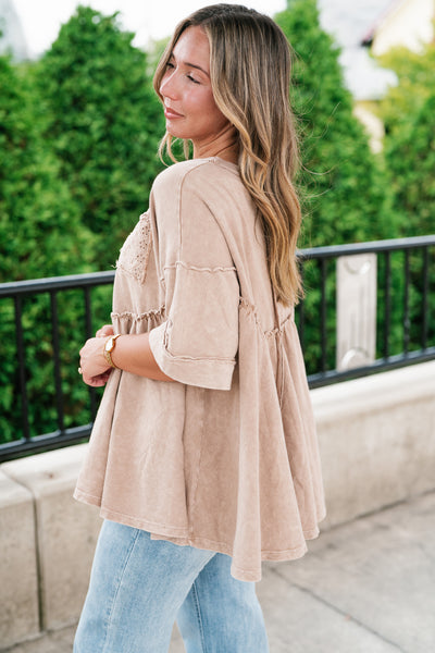Dainty Eyelet Detailed Babydoll Top - Taupe