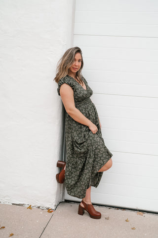 Evergreen Fields Floral V-Neck Midi Dress
