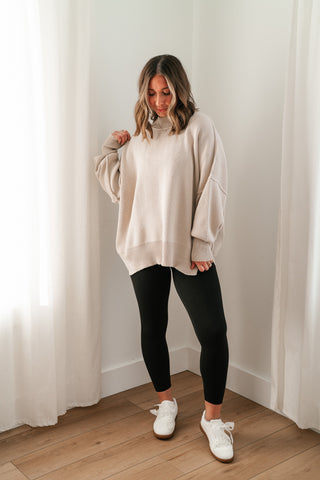 Misty Ridge Ribbed Mock Neck Oversized Sweater - Beige