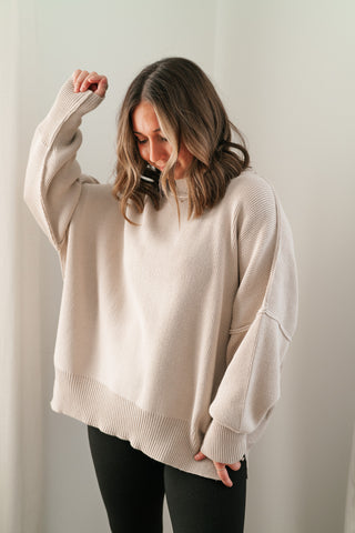Misty Ridge Ribbed Mock Neck Oversized Sweater - Beige