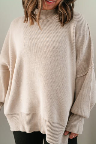 Misty Ridge Ribbed Mock Neck Oversized Sweater - Beige
