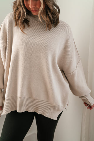 Misty Ridge Ribbed Mock Neck Oversized Sweater - Beige