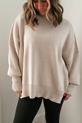 Misty Ridge Ribbed Mock Neck Oversized Sweater - Beige