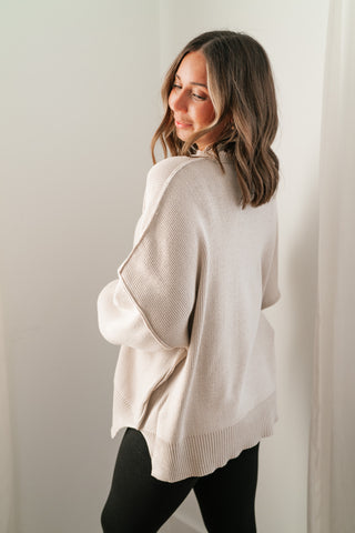 Misty Ridge Ribbed Mock Neck Oversized Sweater - Beige
