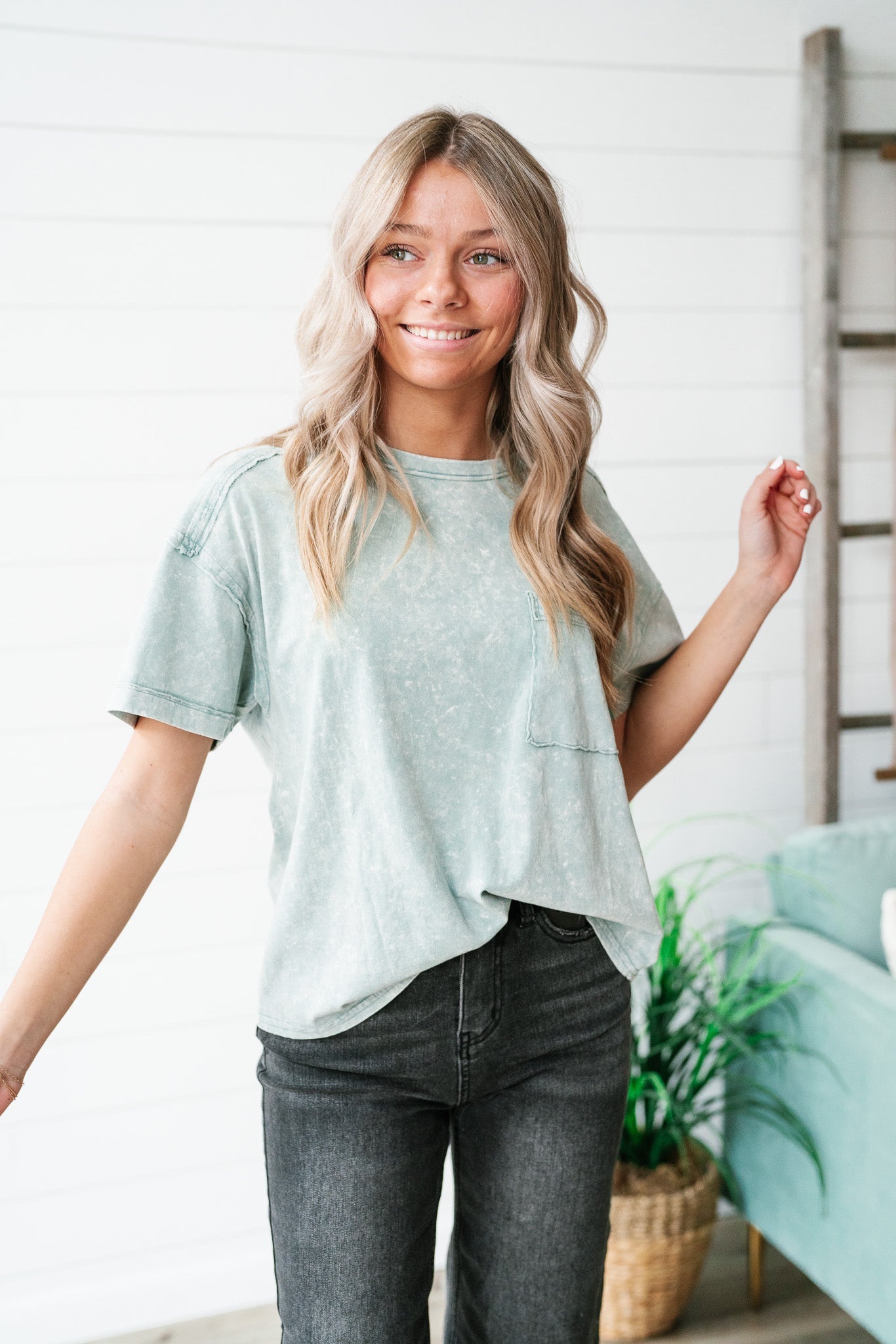 Hold You To It Pocket Tee- Sage