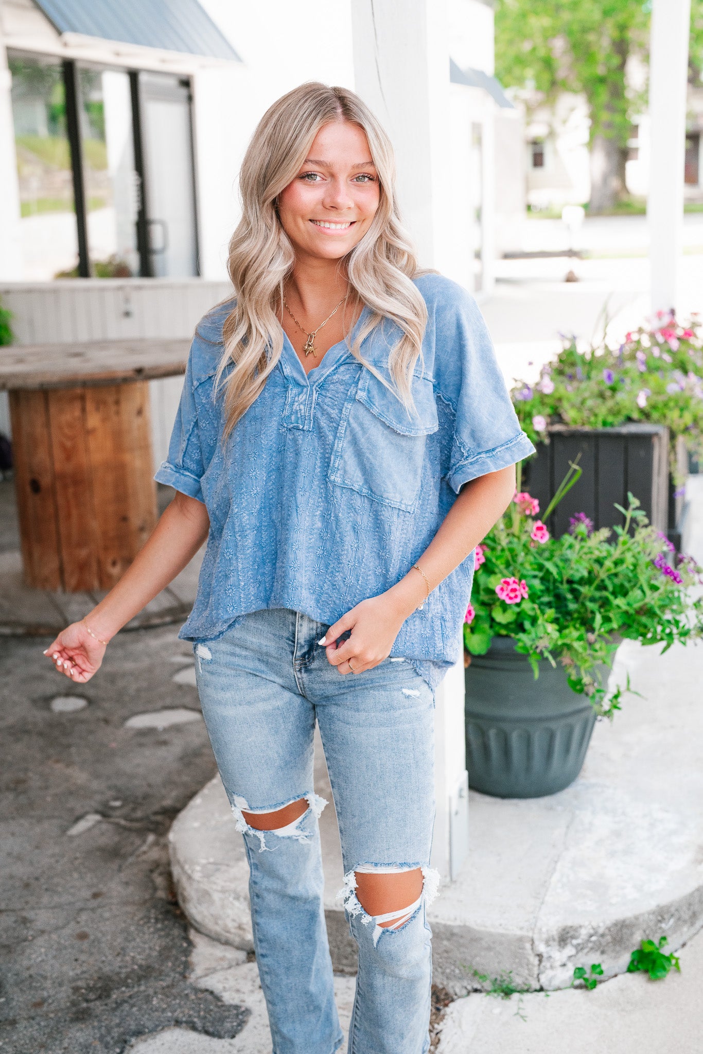 Somewhere Sunny Floral Eyelet Top- Blue