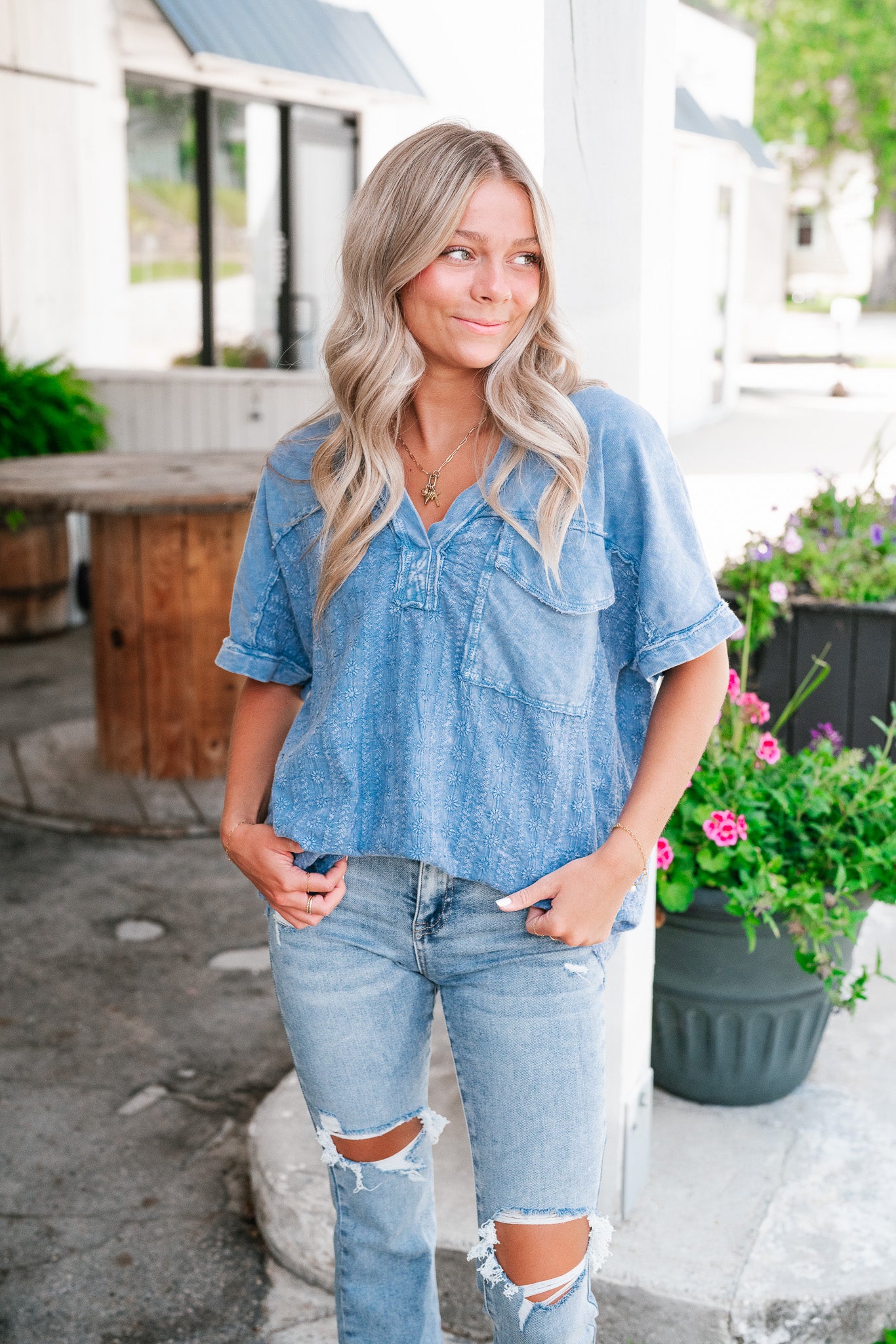 Somewhere Sunny Floral Eyelet Top- Blue