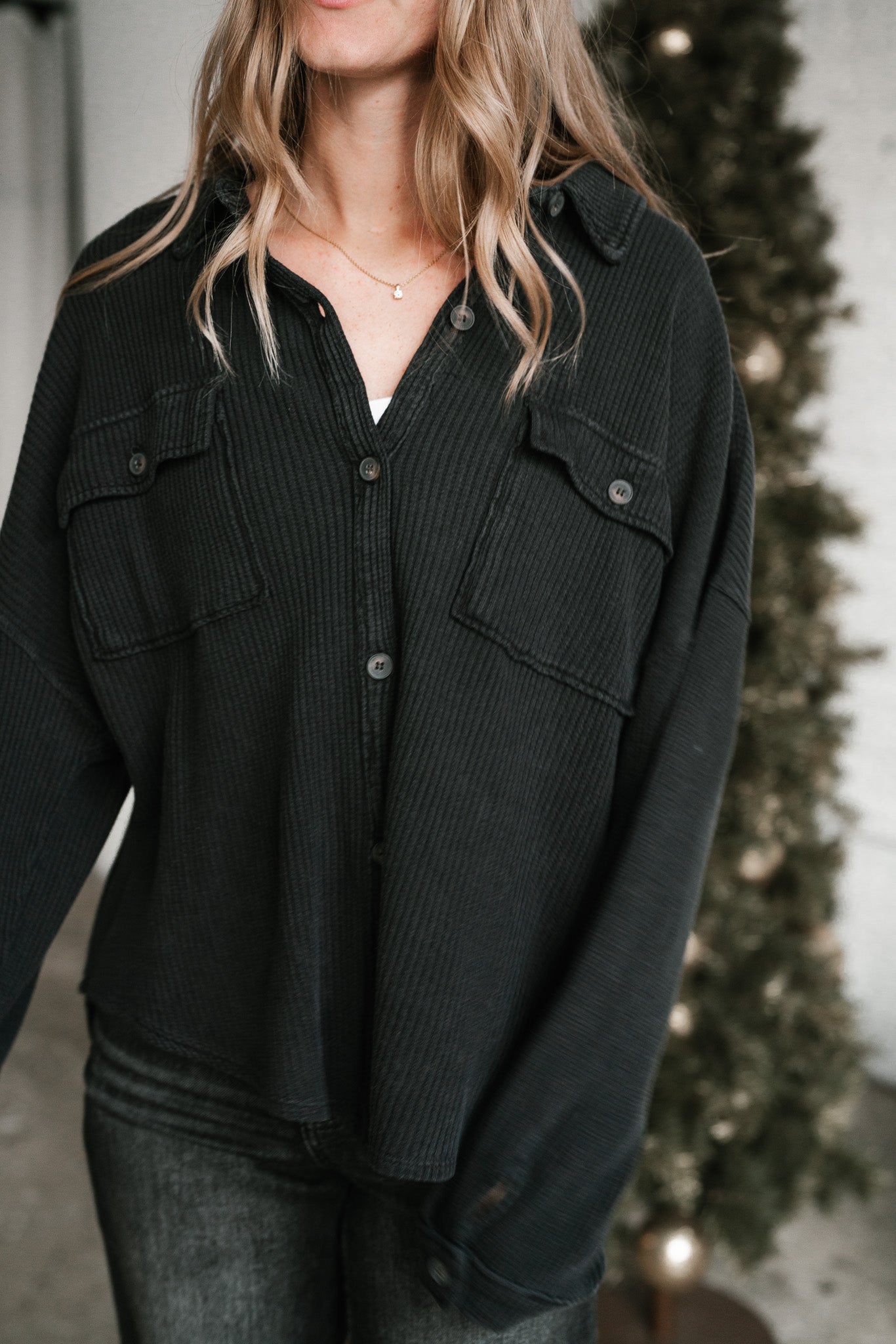 With Love Waffle Knit Button Up - Charcoal