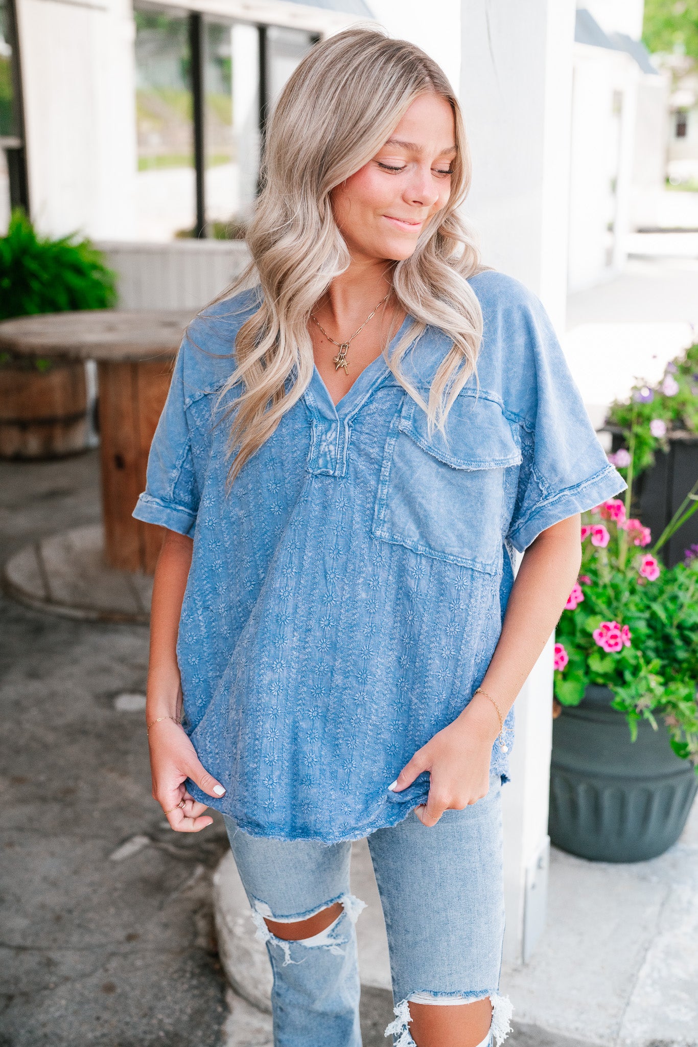 Somewhere Sunny Floral Eyelet Top- Blue