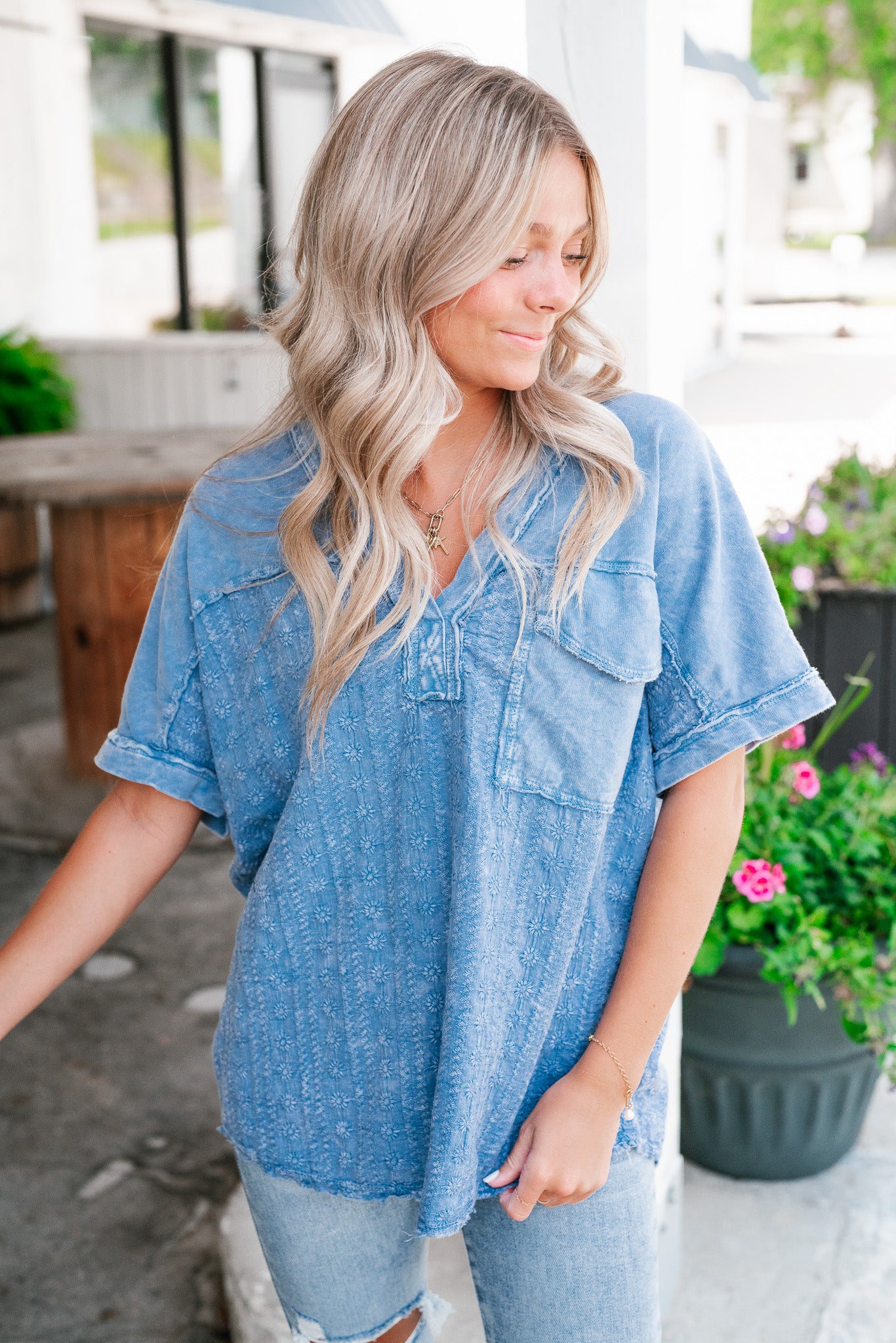 Somewhere Sunny Floral Eyelet Top- Blue