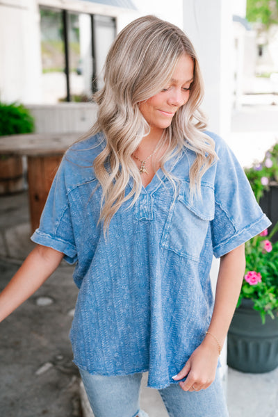 Somewhere Sunny Floral Eyelet Top- Blue