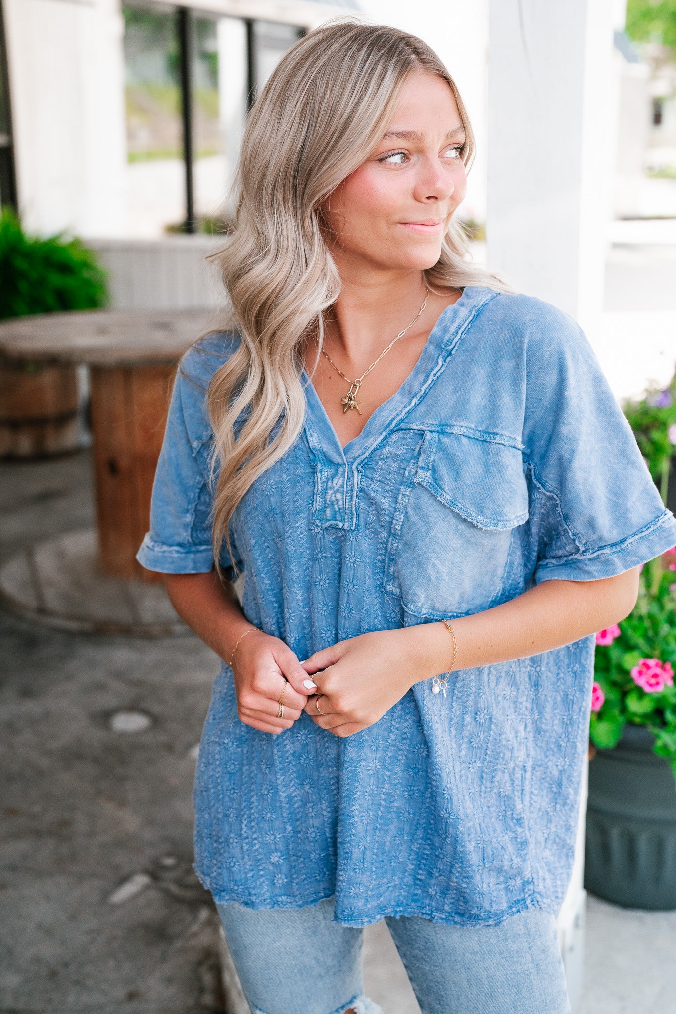 Somewhere Sunny Floral Eyelet Top- Blue