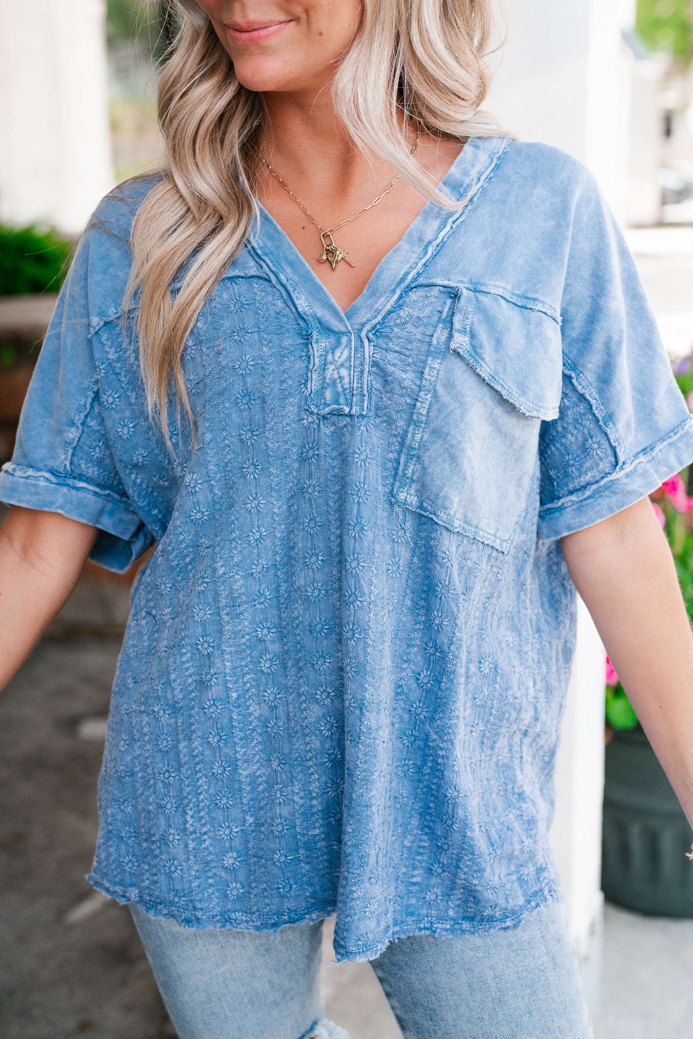 Somewhere Sunny Floral Eyelet Top- Blue