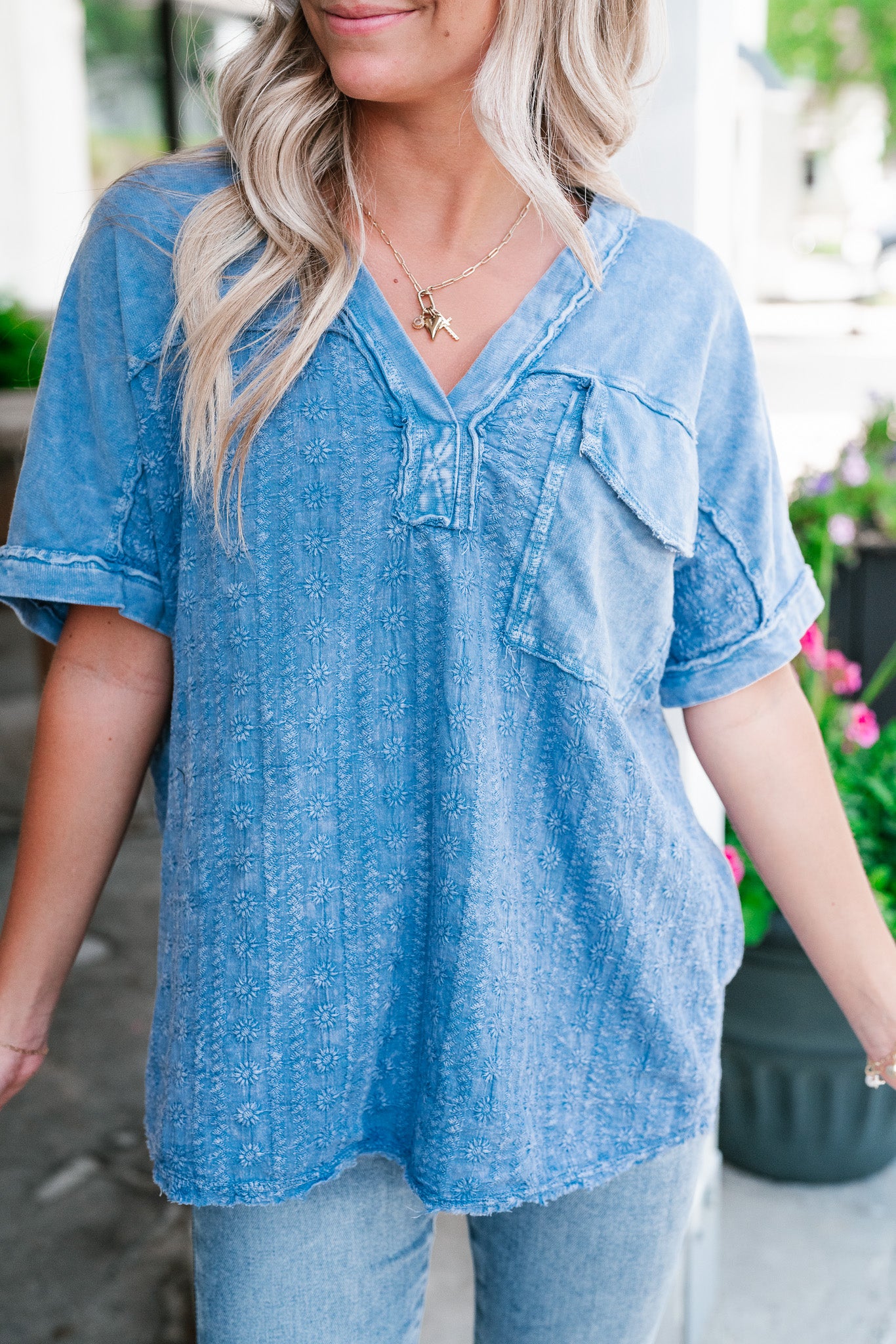 Somewhere Sunny Floral Eyelet Top- Blue