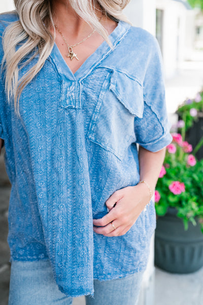 Somewhere Sunny Floral Eyelet Top- Blue