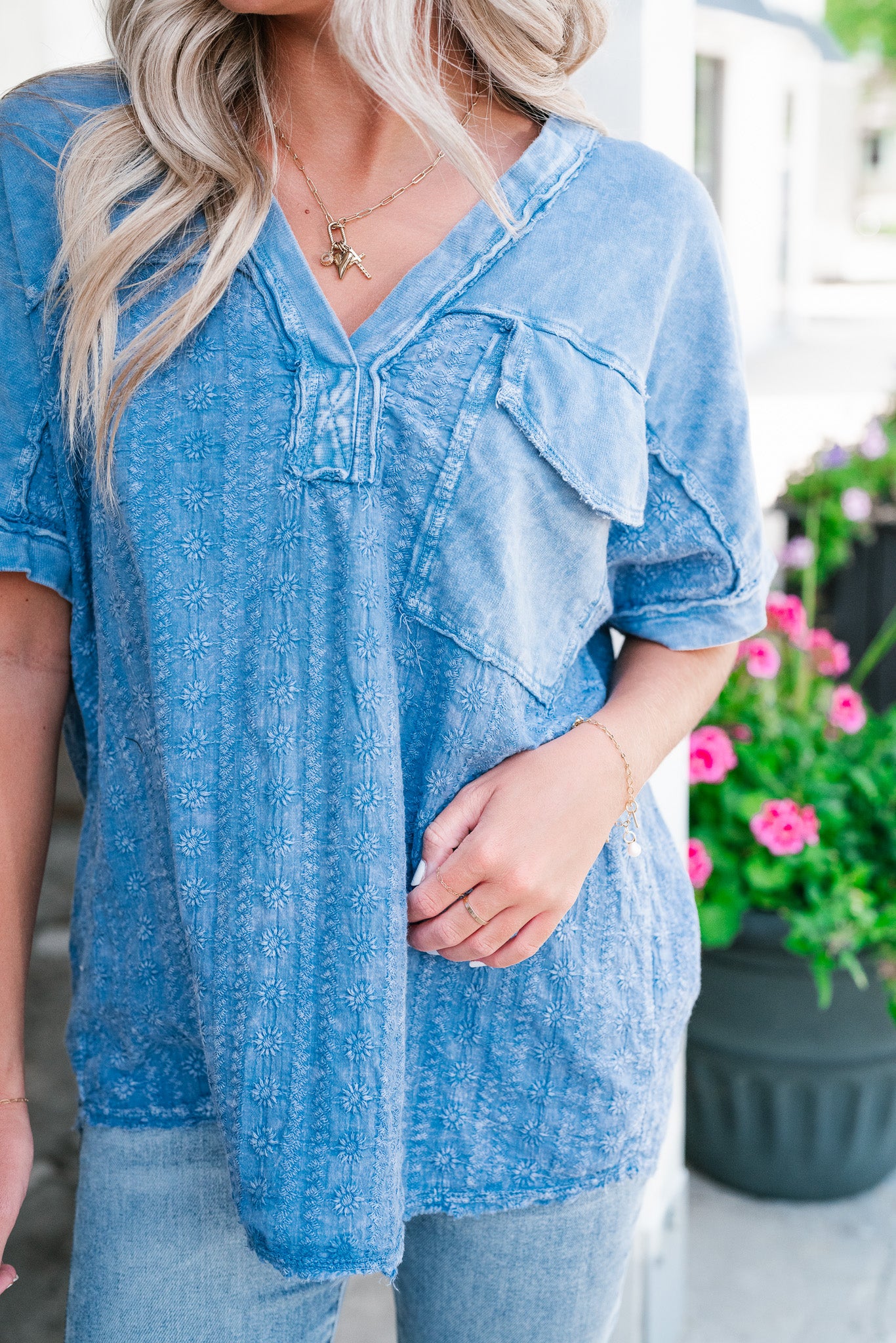 Somewhere Sunny Floral Eyelet Top- Blue