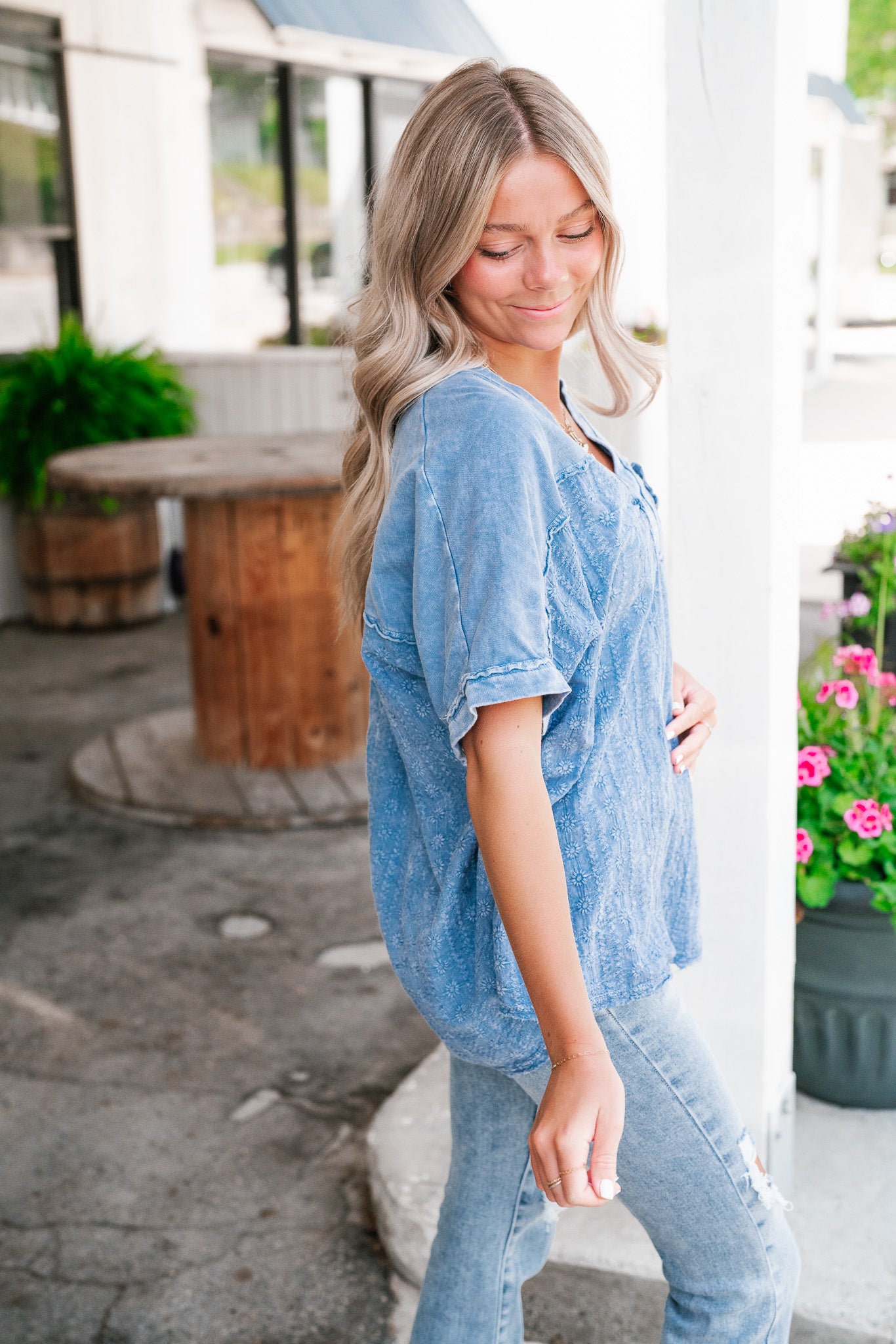 Somewhere Sunny Floral Eyelet Top- Blue