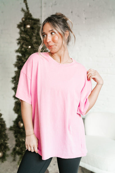 Lounge Around Mineral Wash Oversized Tee - Bubble Gum