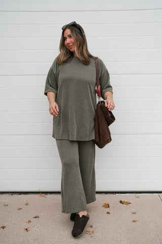 Full-length front view of the Everyday Olive ribbed top and pants lounge set