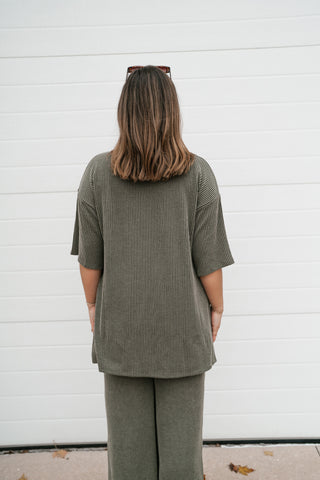 Back view of the Everyday Olive ribbed set top with the matching pants