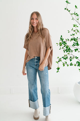 Cozy Dune Dolman Waffle Knit Top - Coffee