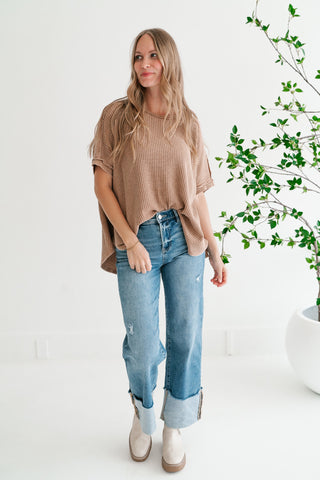 Cozy Dune Dolman Waffle Knit Top - Coffee