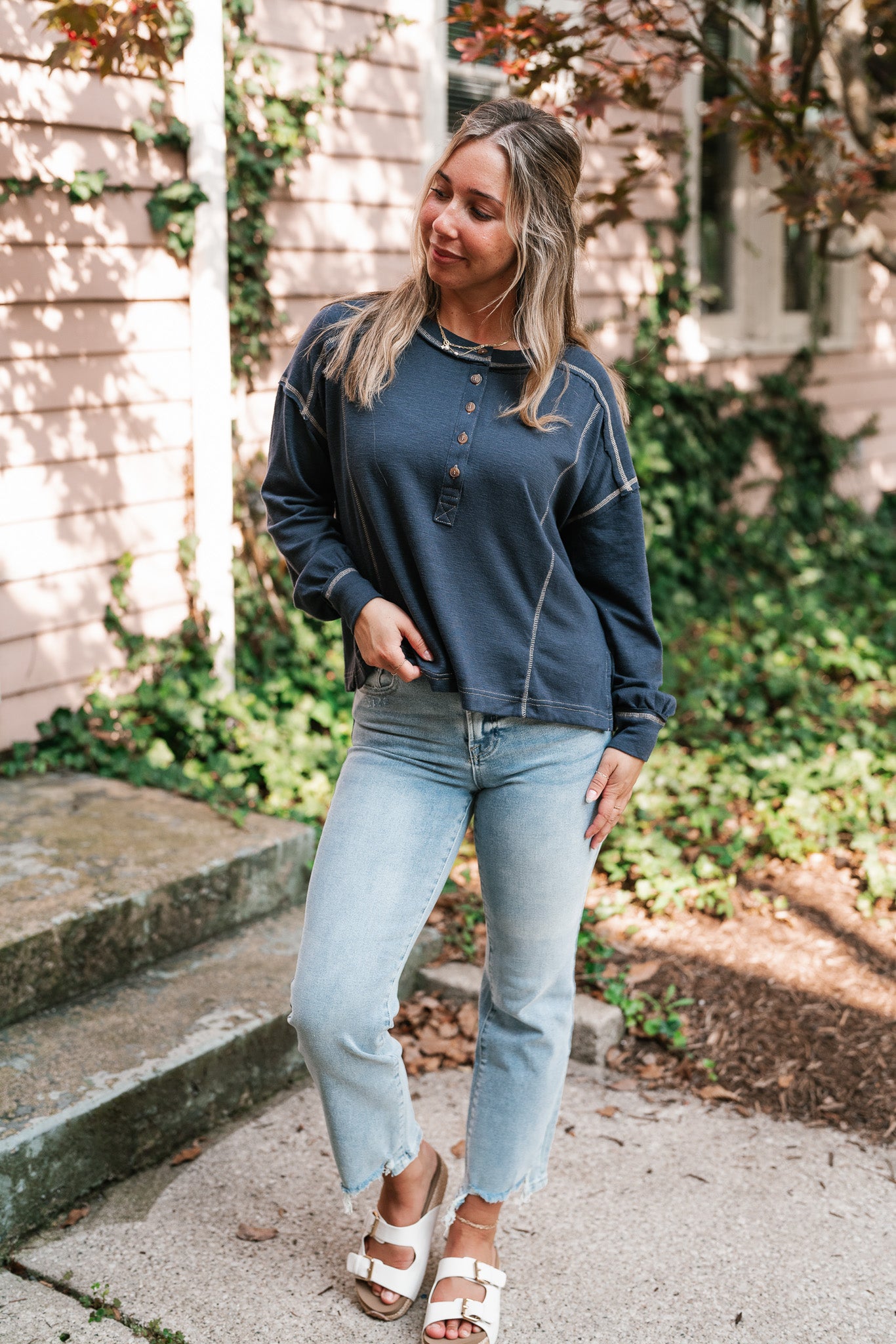 Keeping It Cozy Long Sleeve Henley Top - Navy