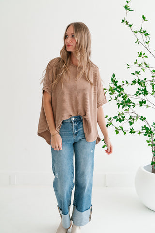 Cozy Dune Dolman Waffle Knit Top - Coffee