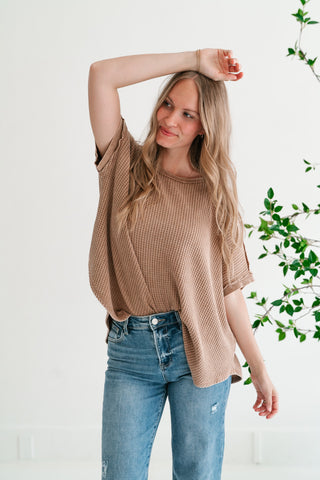Cozy Dune Dolman Waffle Knit Top - Coffee